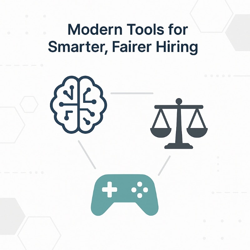 Futuristic infographic titled ‘Modern Tools for Smarter, Fairer Hiring’ showing interconnected icons: AI brain, game-based assessment controller, and fairness scales.