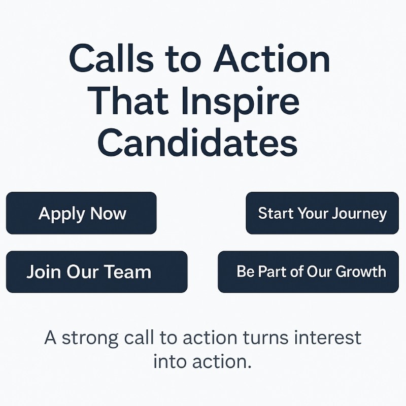Infographic showcasing recruitment call-to-action button examples: Apply Now, Start Your Journey, Join Our Team, and Be Part of Our Growth. Highlights how strong CTAs convert candidate interest into action.