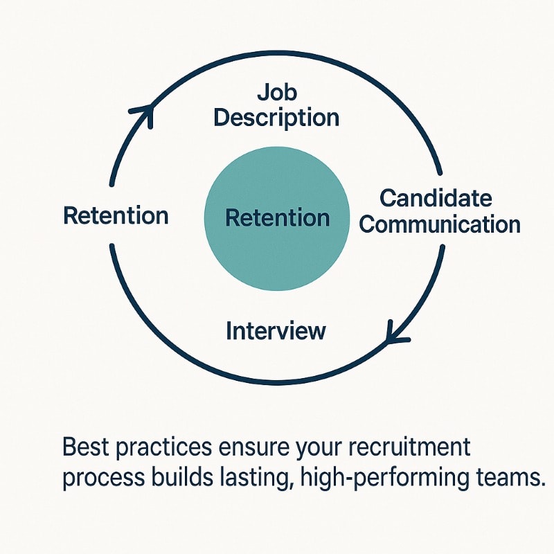 Infographic of the recruitment lifecycle showing best practices: Job Description → Candidate Communication → Interview → Onboarding → Retention. Circular flow highlights retention as the goal. Caption: ‘Best practices ensure your recruitment process builds lasting, high-performing teams.