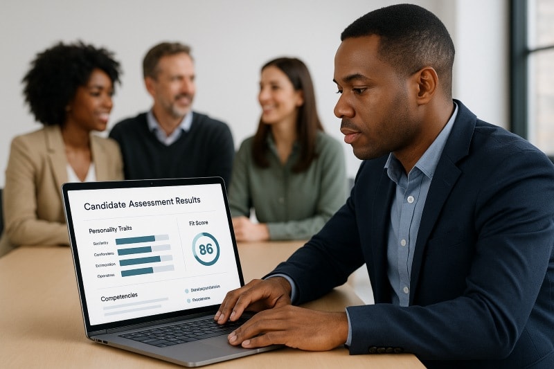 Hiring manager reviewing candidate assessment results on a laptop, with a diverse team in the background, symbolizing science-driven and data-backed HR decisions.