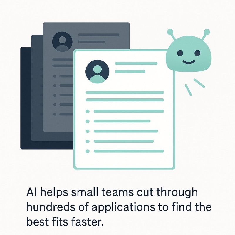 Flat illustration of AI-powered recruiting software highlighting the best resume from a stack. A friendly teal AI assistant icon helps small businesses quickly identify top candidates and streamline hiring.