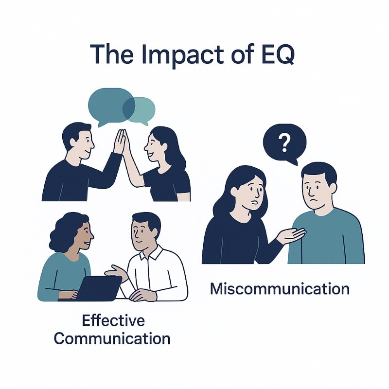 Illustration comparing effective communication and miscommunication between employees, highlighting the role of emotional intelligence (EQ) in workplace collaboration and performance.