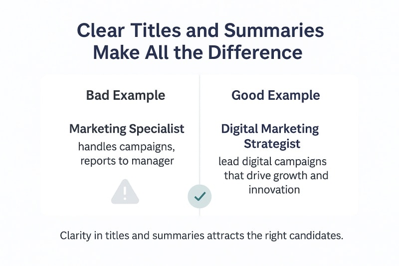 Infographic comparing a bad job description example versus a good one. Left side shows ‘Marketing Specialist — handles campaigns, reports to manager.’ Right side shows ‘Digital Marketing Strategist — lead digital campaigns that drive growth and innovation.’ Caption emphasizes clarity in titles and summaries attracts the right candidates.