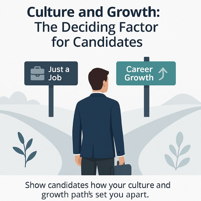 Professional illustration of a job candidate standing at a crossroads with two paths: one sign labeled ‘Just a Job’ and the other ‘Career Growth,’ symbolizing how company culture and advancement opportunities influence candidate decisions.