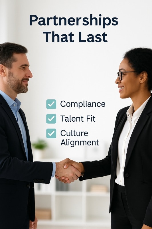 Two business professionals in a modern office shaking hands, symbolizing strong HR partnerships. An overlay checklist highlights compliance, talent fit, and culture alignment as key factors in choosing the right HR partner.