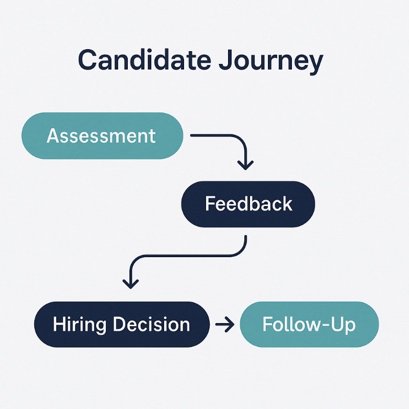 Candidate journey flowchart showing four stages: Assessment → Feedback → Hiring Decision → Follow-Up, illustrating a structured and transparent hiring process that improves candidate experience.