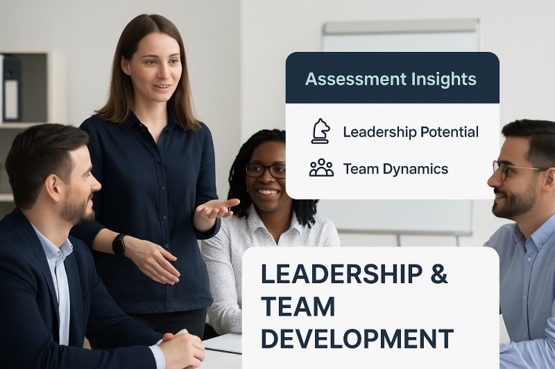 Diverse employees in a modern team workshop with assessment insights overlay highlighting leadership potential and team dynamics for HR and leadership development.