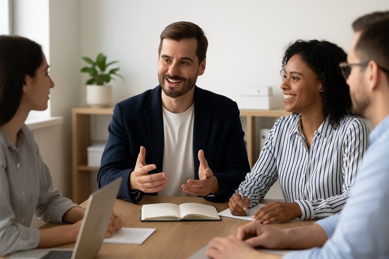 Manager facilitating a coaching conversation with team members in a modern office, symbolizing a coaching culture that promotes continuous leadership development.