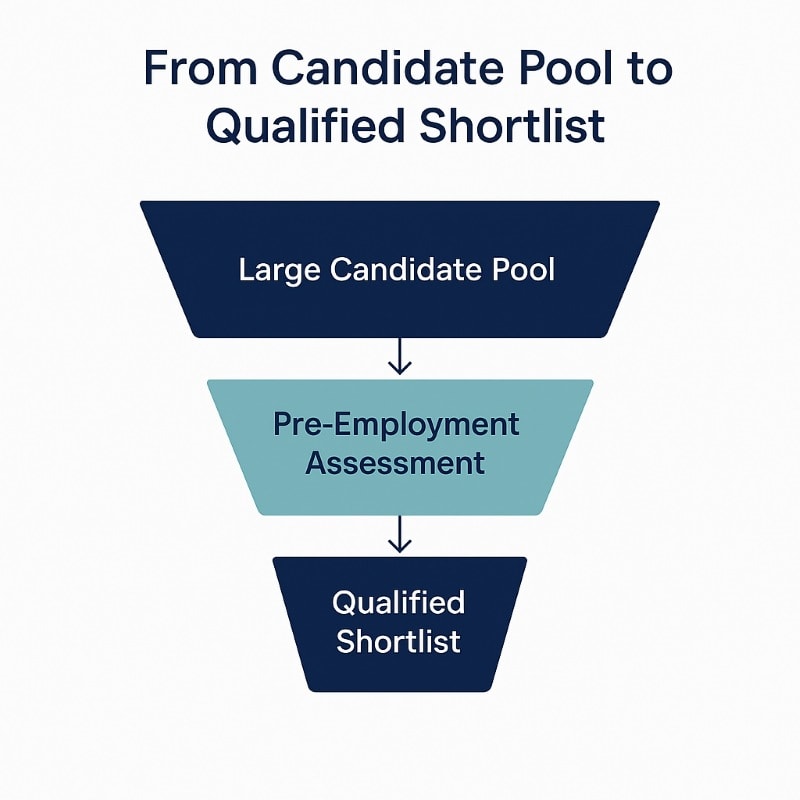 Hiring funnel infographic titled From Candidate Pool to Qualified Shortlist, showing the process from large candidate pool through pre-employment assessment to a qualified shortlist of top candidates.