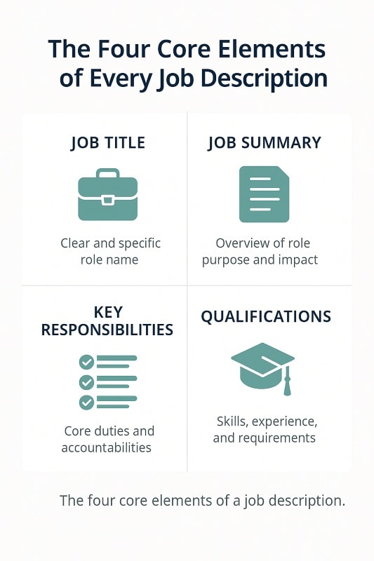 Infographic illustrating the four core elements of a job description: job title, job summary, key responsibilities, and qualifications, with clean icons and professional design.