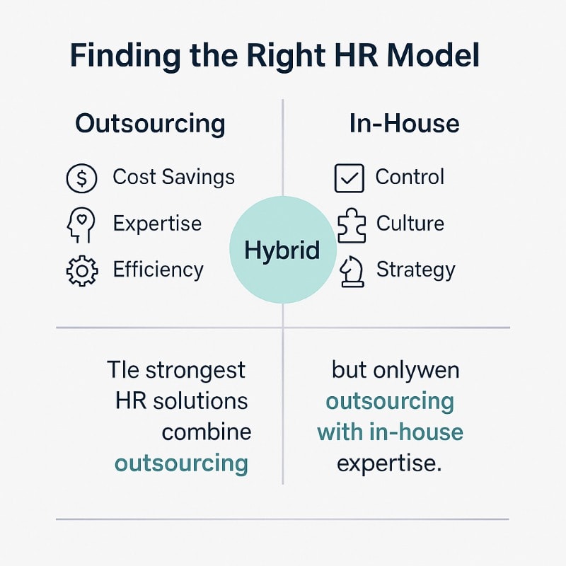 Infographic titled ‘Finding the Right HR Model’ comparing outsourcing benefits (cost savings, expertise, efficiency) with in-house advantages (control, culture, strategy), highlighting hybrid as the strongest HR solution.