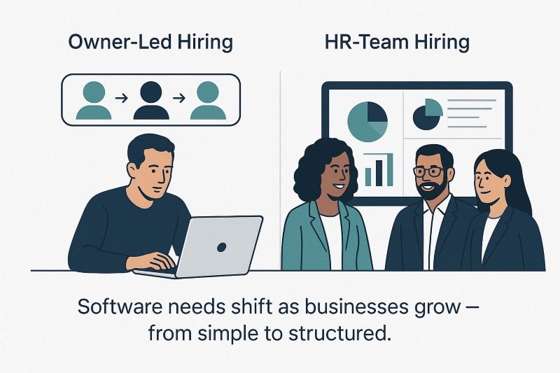 Comparison graphic of owner-led hiring versus HR-team hiring. On the left, a small business owner manages recruitment alone on a laptop with a simple pipeline. On the right, an HR team collaborates in front of dashboards showing recruitment metrics and analytics. Caption: ‘Software needs shift as businesses grow — from simple to structured.’
