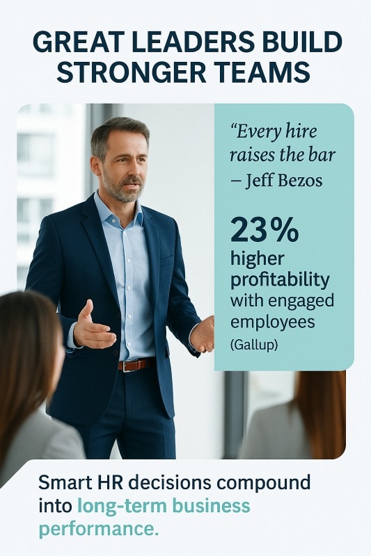 Leadership-style photo of executive speaking to team with headline ‘Great Leaders Build Stronger Teams,’ Bezos quote ‘Every hire raises the bar,’ Gallup stat showing 23% higher profitability with engaged employees, and caption on HR decisions driving long-term business performance.