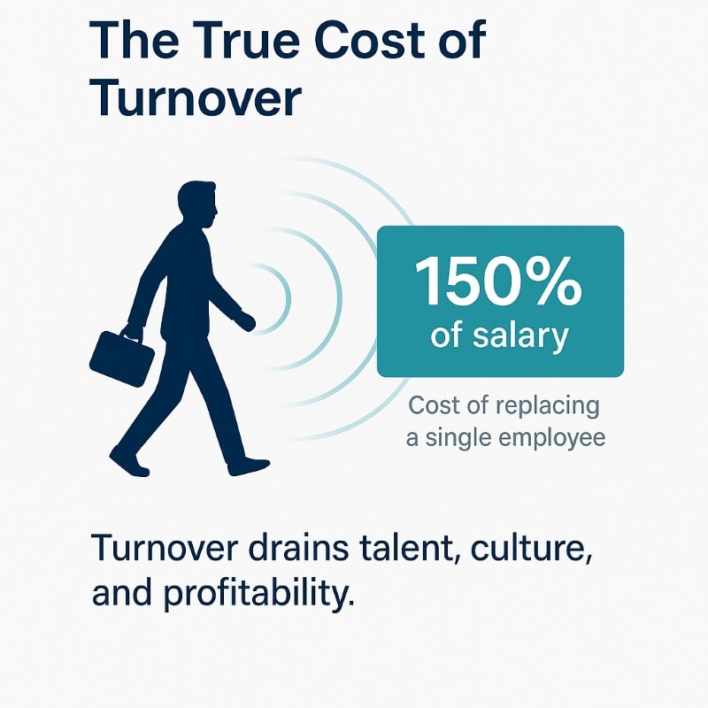 Infographic titled ‘The True Cost of Turnover’ showing an employee silhouette with ripple effect and data callout that replacing a single employee costs 150% of salary, with caption noting turnover drains talent, culture, and profitability.