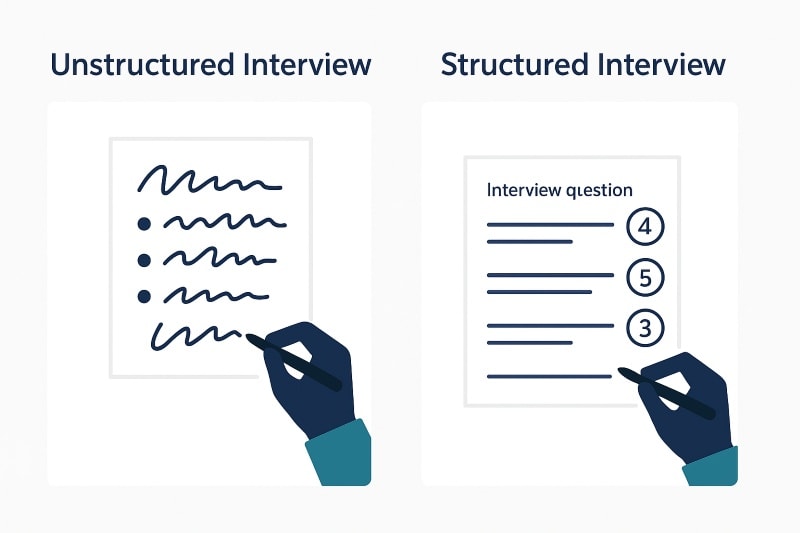 Two-panel illustration comparing unstructured vs. structured interviews: left shows chaotic notes with no scoring system, right shows organized interview questions with numerical ratings, highlighting consistency and fairness in structured interviews.