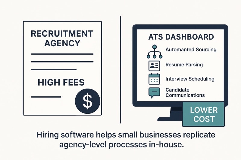 Split graphic comparing recruitment agencies vs. in-house hiring software. Left: agency contract with high fees. Right: ATS dashboard showing automated sourcing, resume parsing, interview scheduling, and candidate communications at lower cost. Caption: Hiring software helps small businesses replicate agency-level recruitment processes in-house.