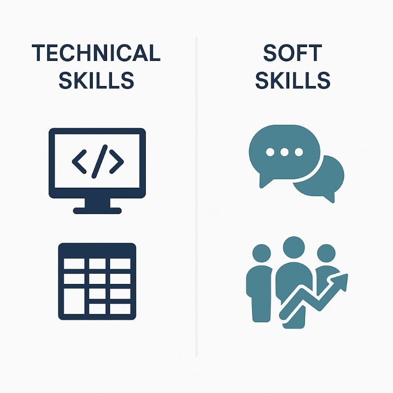 Side-by-side infographic comparing technical skills and soft skills. Left column shows coding and spreadsheet icons representing technical abilities, while right column displays communication and teamwork icons symbolizing soft skills. Minimalist design in navy and teal on a white background.