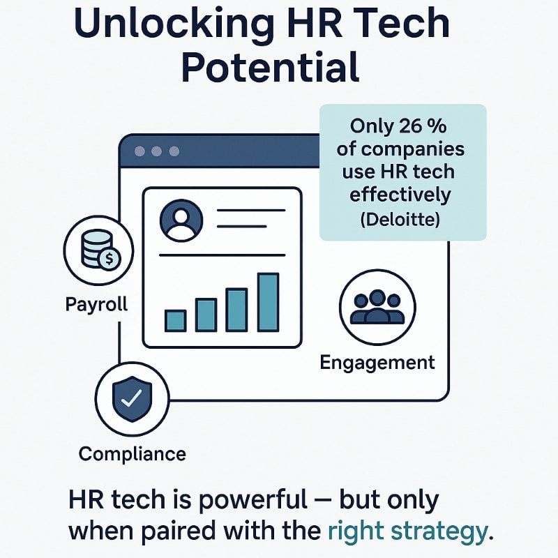 Infographic titled ‘Unlocking HR Tech Potential’ showing a dashboard with payroll, compliance, and engagement icons, Deloitte stat that only 26% of companies use HR tech effectively, and caption stressing HR tech works best with the right strategy.