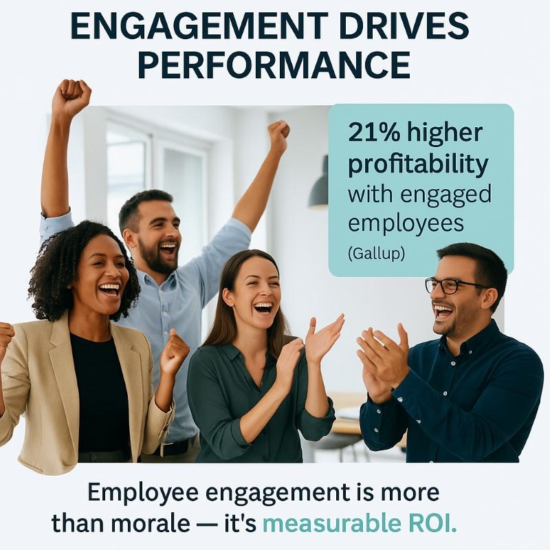 Office team celebrating together with headline ‘Engagement Drives Performance’ and stat overlay showing Gallup research: engaged employees deliver 21% higher profitability. Caption emphasizes employee engagement as measurable ROI.