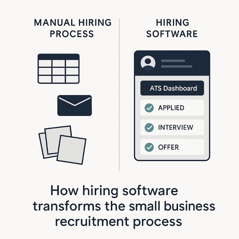 Infographic comparing manual hiring vs hiring software workflows. Left side shows spreadsheets, emails, and sticky notes; right side displays a centralized ATS dashboard with automated stages like Applied, Interview, and Offer. Caption reads: “How hiring software transforms the small business recruitment process.”