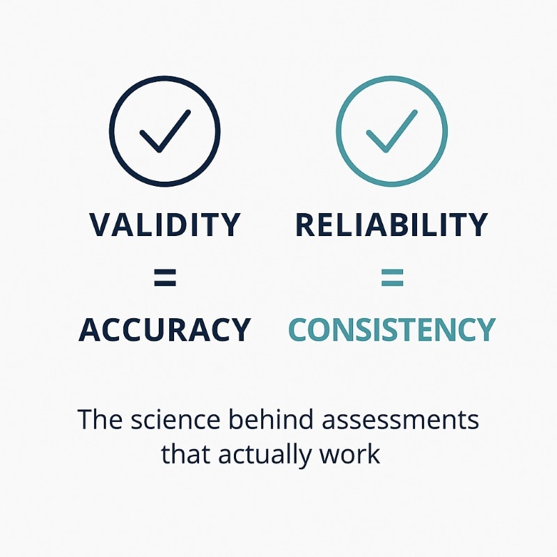 Infographic illustrating assessment principles: Validity equals accuracy and Reliability equals consistency, with caption ‘The science behind assessments that actually work,’ emphasizing effective hiring assessments.
