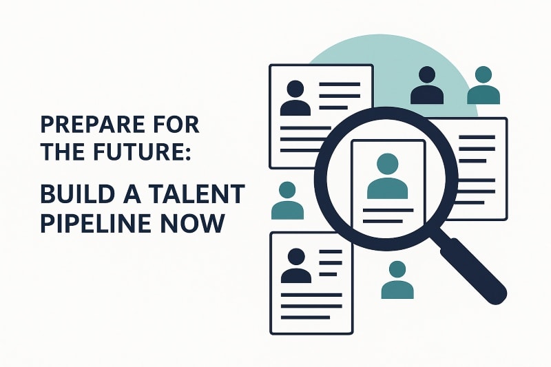 Minimalist illustration of a magnifying glass over resumes and candidate profiles, symbolizing proactive recruitment, talent pipeline development, HR hiring strategy, and workforce planning during a hiring freeze.