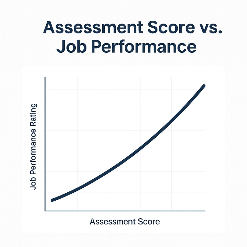 Line graph titled ‘Assessment Score vs. Job Performance’ showing a clear upward trend. The X-axis represents assessment scores, and the Y-axis represents job performance ratings, highlighting the positive correlation between pre-hire assessments and employee performance.