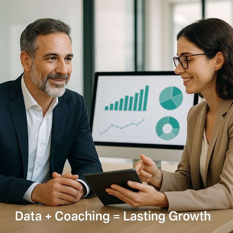 Executive leader receiving coaching with data-driven assessment insights on screen, captioned Data + Coaching = Lasting Growth.