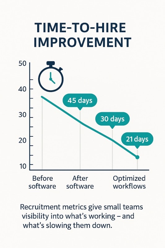 Infographic line graph showing time-to-hire improvement: reduced from 45 days before software to 30 days after software, and down to 21 days with optimized workflows. Clean design with navy and teal highlights emphasizes recruitment metrics and efficiency gains.