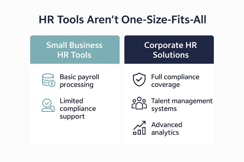 Infographic comparing small business HR tools versus corporate HR solutions. Small business tools include basic payroll processing and limited compliance support, while corporate HR solutions feature full compliance coverage, talent management systems, advanced analytics, and employee development.