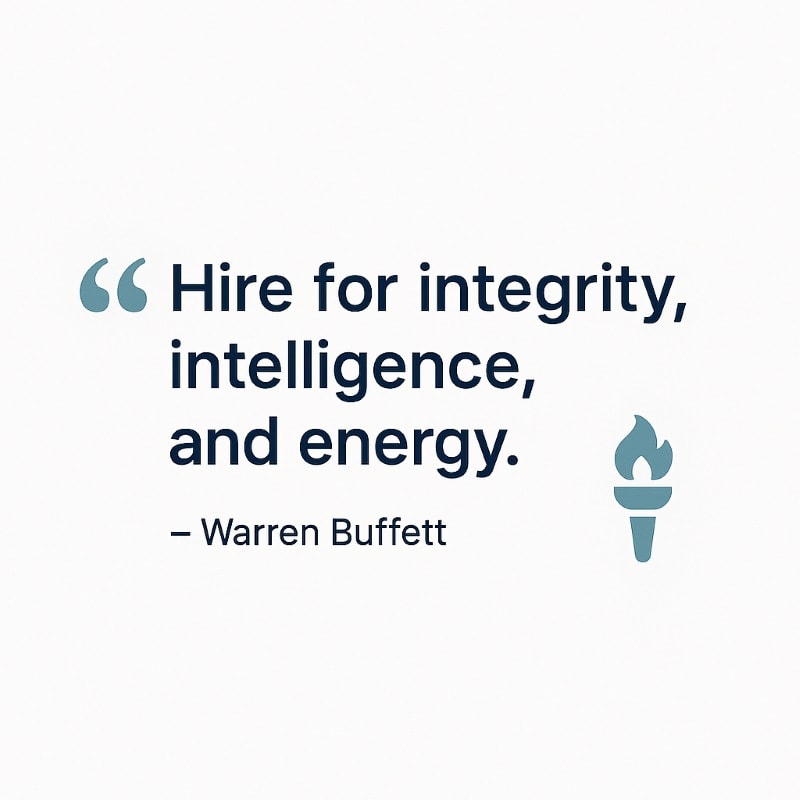 Quote graphic with Warren Buffett’s hiring advice: ‘Hire for integrity, intelligence, and energy.’