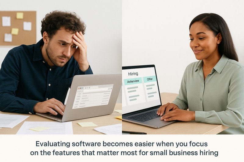 Side-by-side comparison of small business owners evaluating hiring software in 2025 — one stressed by multiple open tabs, the other reviewing an organized applicant tracking dashboard — illustrating how the best hiring software for small businesses simplifies recruiting.