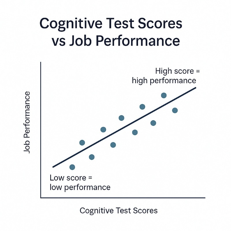 Scatter plot showing correlation between cognitive test scores and job performance, with a trend line labeled ‘Low score = low performance’ and ‘High score = high performance,’ demonstrating predictive power of cognitive assessments in hiring.
