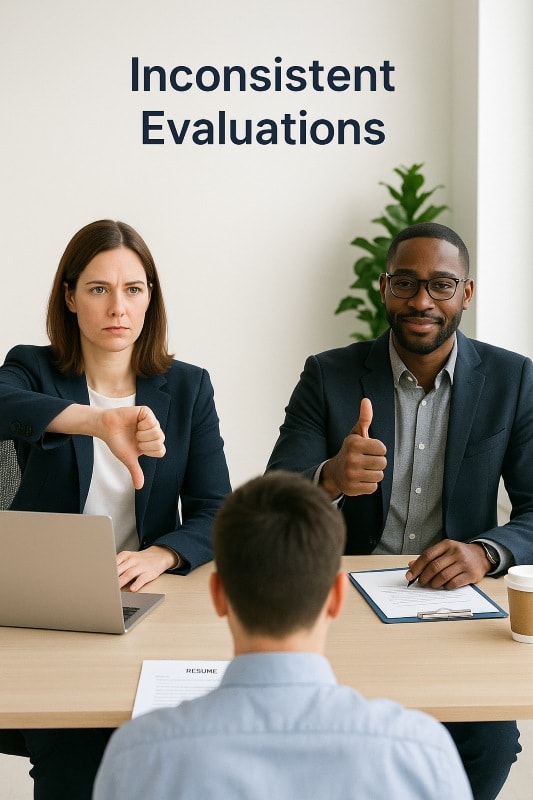 Job interview illustration showing two interviewers giving opposite evaluations of the same candidate — one positive and one negative — highlighting inconsistency and bias in hiring decisions based on gut feel.