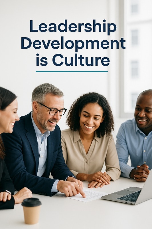 Senior leaders mentoring managers in a modern office, illustrating how leadership development is embedded into organizational culture.