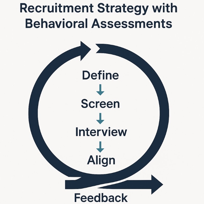 Infographic of a five-step recruitment strategy with behavioral assessments, showing a circular workflow: Define, Screen, Interview, Align, and Feedback. Modern flat design in navy and teal on a white background.