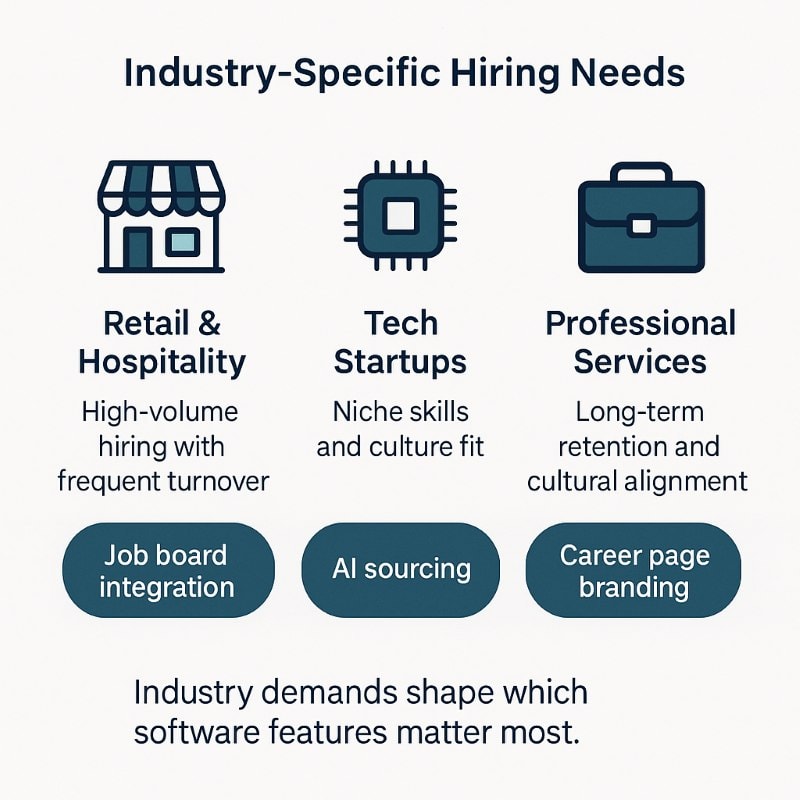 Infographic showing industry-specific hiring needs. Retail and hospitality emphasize high-volume hiring with job board integration. Tech startups focus on niche skills and culture fit supported by AI sourcing. Professional services highlight long-term retention and cultural alignment with career page branding. Caption: ‘Industry demands shape which software features matter most.’