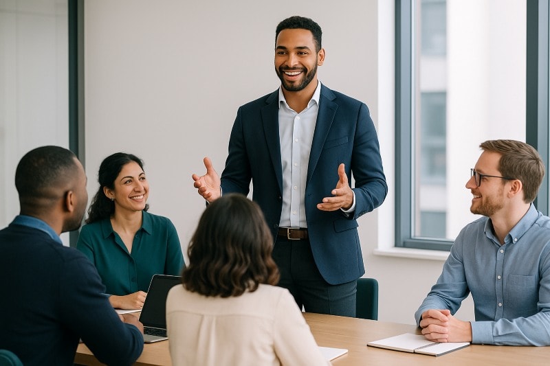 Confident manager developing leadership skills while guiding an engaged team in a modern office meeting, representing effective leadership development in the workplace.