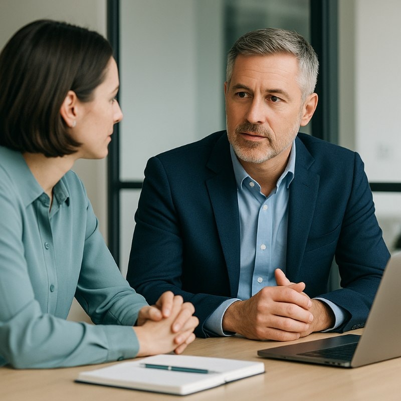 Executive coach guiding a manager during a leadership development coaching session in a modern office — illustrating how coaching for leaders improves decision-making, communication, and organizational impact.