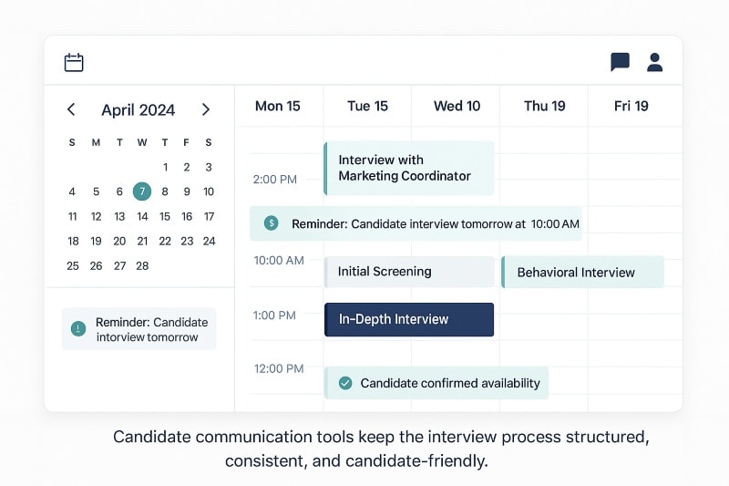 Realistic calendar interface in hiring software showing structured interview process with scheduled slots for initial screening, in-depth interview, behavioral interview, and reminders. Teal highlights indicate candidate confirmations and automated notifications, emphasizing consistency and professionalism in recruitment.