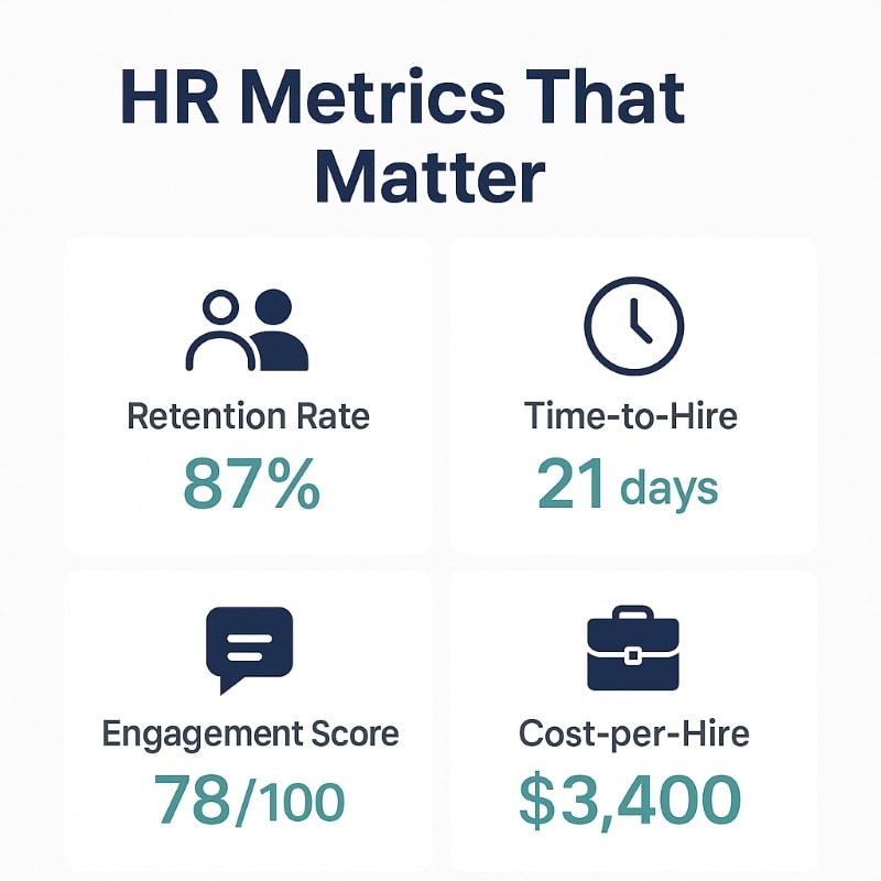 "Infographic titled ‘HR Metrics That Matter’ displaying four key HR metrics: retention rate 87%, time-to-hire 21 days, engagement score 78/100, and cost-per-hire $3,400, highlighting the impact of data-driven HR
