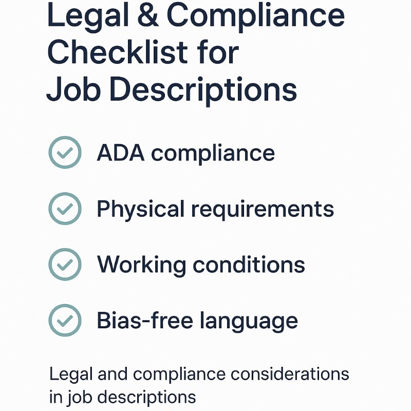 Infographic checklist for job descriptions highlighting key legal and compliance considerations: ADA compliance, physical requirements, working conditions, and bias-free language.