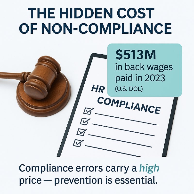 Graphic with gavel and HR compliance checklist highlighting Gallup data: $513M in back wages paid in 2023, with headline ‘The Hidden Cost of Non-Compliance’ and caption stressing that compliance errors are costly and prevention is essential.
