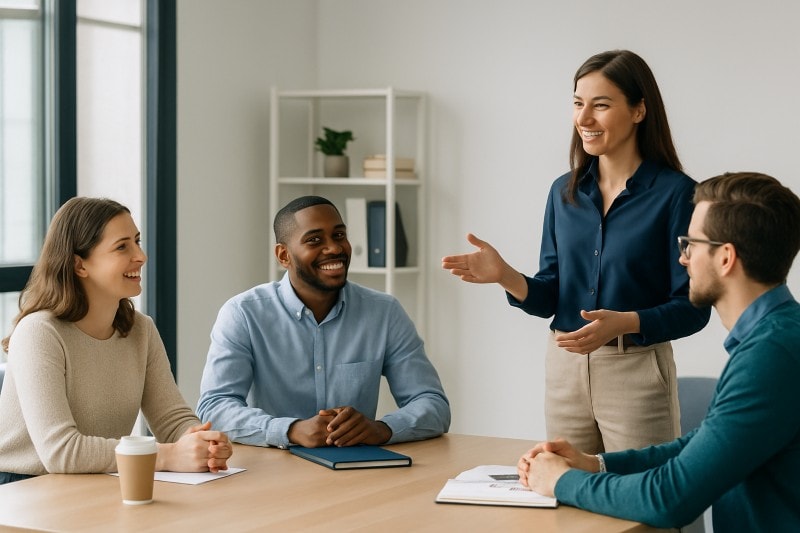 Leadership coaching workshop with a facilitator guiding managers in a collaborative office setting, strengthening communication, engagement, and team performance.