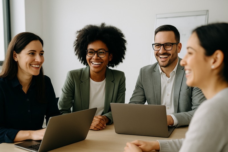 Diverse team of employees smiling and engaging in a workplace meeting with laptops, symbolizing employee engagement, HR communication, recognition programs, and positive organizational culture during a hiring freeze.
