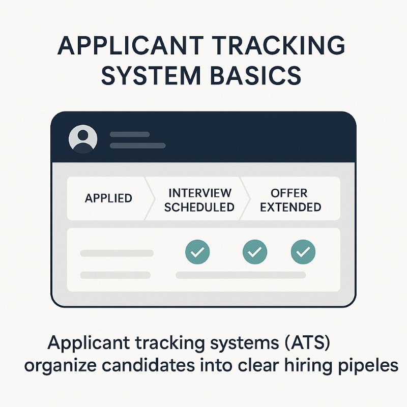 Infographic mockup of an Applicant Tracking System (ATS) dashboard with hiring pipeline stages: Applied, Interview Scheduled, Offer Extended, and Hired.