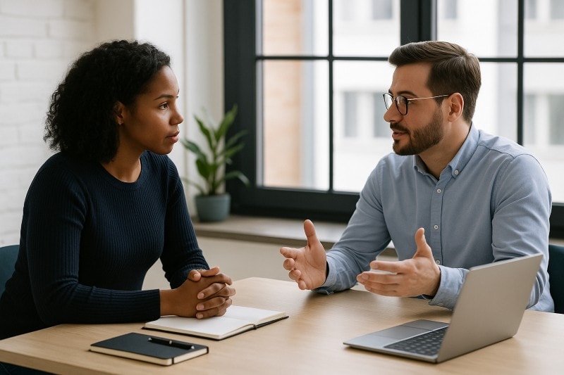 Two business leaders engaged in a coaching conversation in a modern office, emphasizing the importance of insightful dialogue in leadership development.