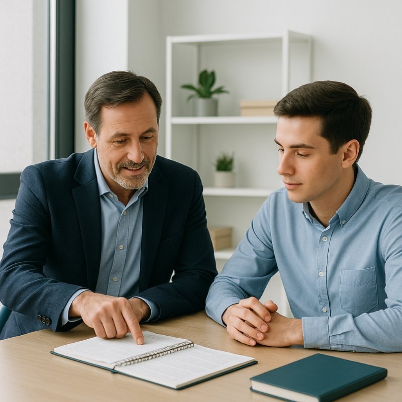 Senior leader mentoring a young manager in a modern office, illustrating that leadership is developed through coaching, guidance, and continuous learning rather than innate talent.