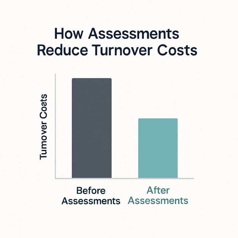 Bar chart titled ‘How Assessments Reduce Turnover Costs’ comparing two bars: Before Assessments (higher, dark gray) and After Assessments (lower, teal), showing reduced employee turnover costs with behavioral assessments.