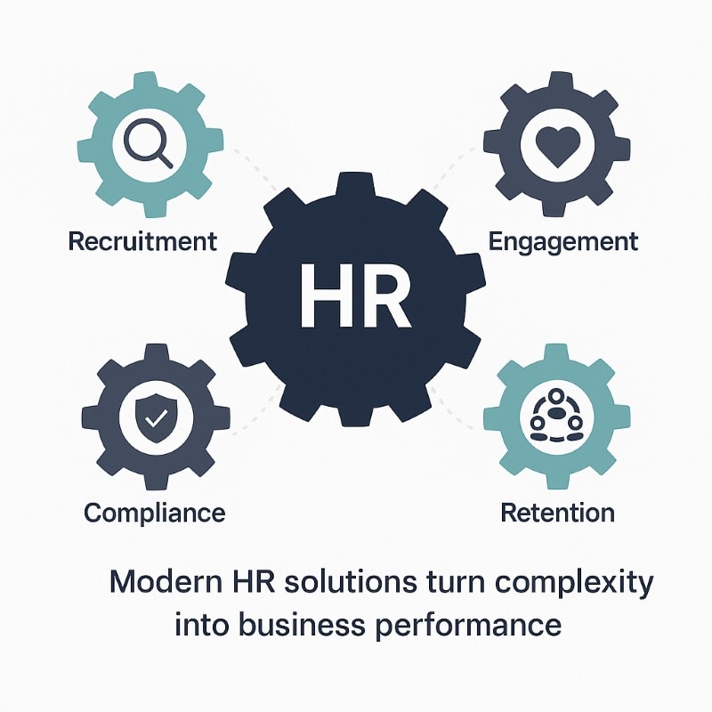 Infographic showing HR as the engine of business success. A central navy gear labeled HR connects to Recruitment, Engagement, Compliance, and Retention, with icons for each. Caption reads: Modern HR solutions turn complexity into business performance.